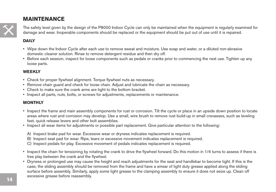 14 maintenance | Horizon Fitness P8000 User Manual | Page 14 / 16