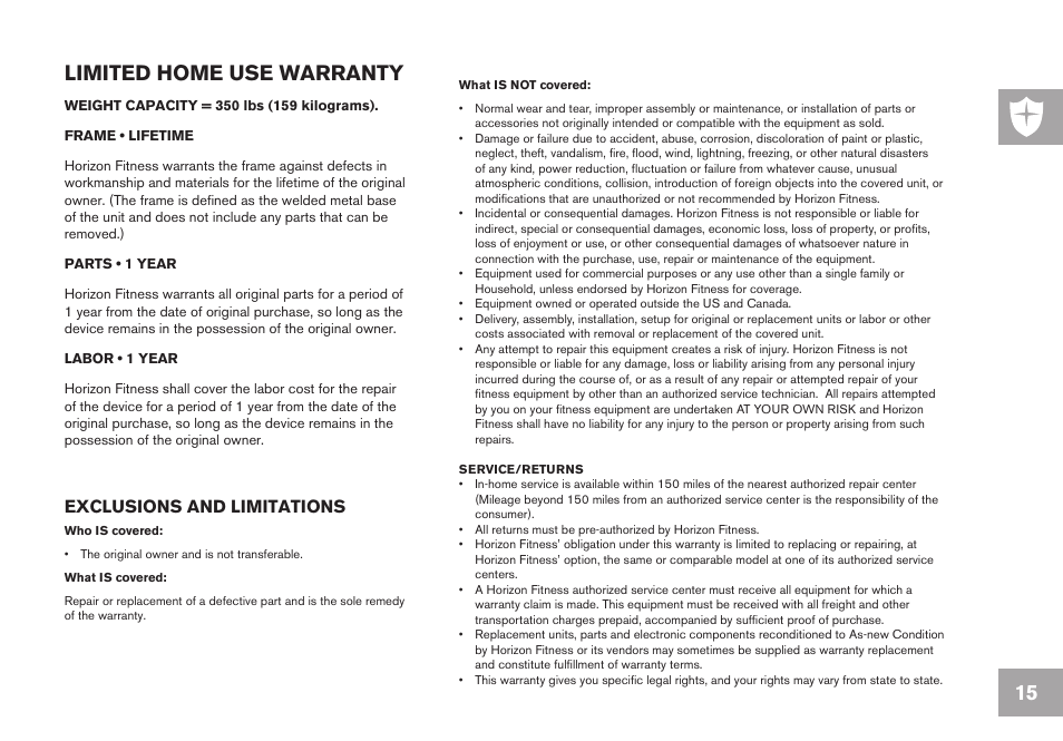 15 limited home use warranty, Exclusions and limitations | Horizon Fitness P8000 User Manual | Page 15 / 16