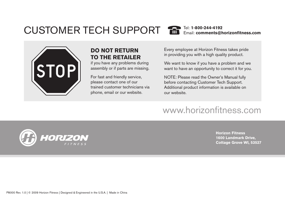 Customer tech support | Horizon Fitness P8000 User Manual | Page 16 / 16