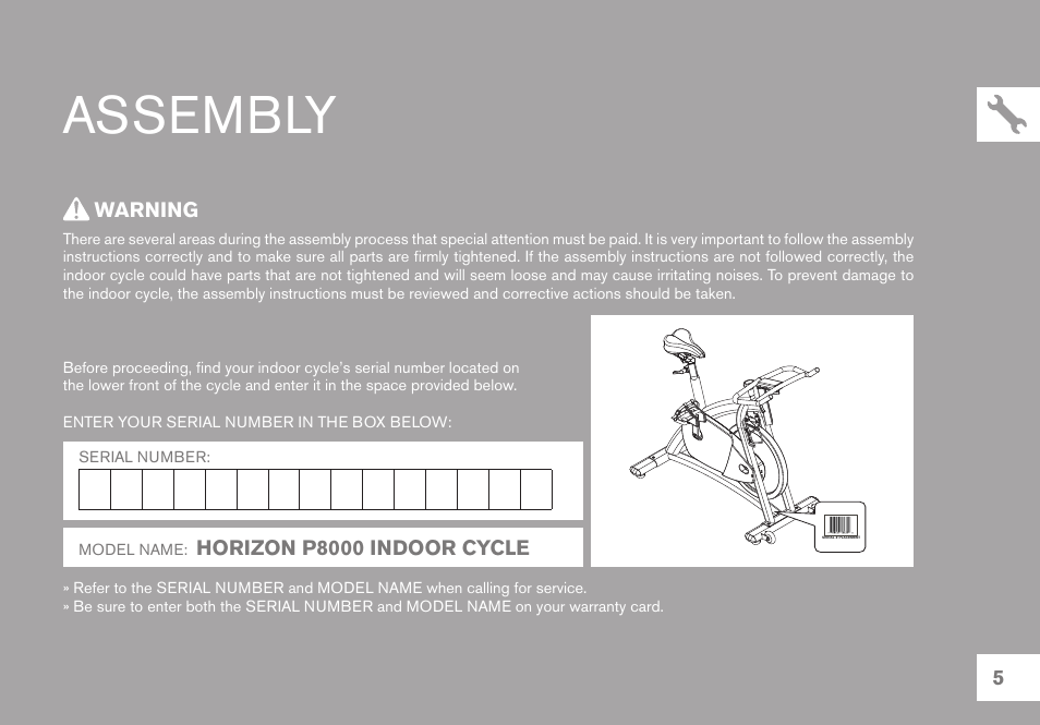 Assembly | Horizon Fitness P8000 User Manual | Page 5 / 16