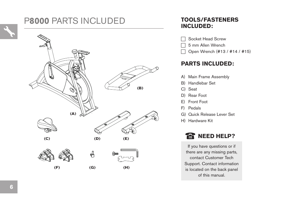 P 8000 parts included, 6tools/fasteners included, Parts included | Need help | Horizon Fitness P8000 User Manual | Page 6 / 16