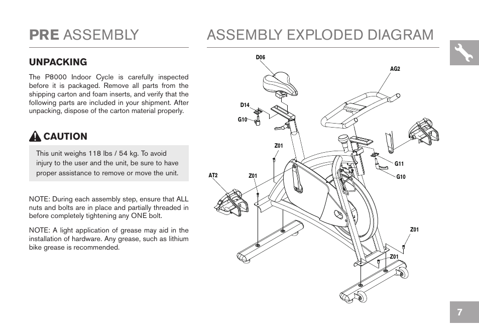 Pre assembly, Assembly exploded diagram, Caution unpacking | Horizon Fitness P8000 User Manual | Page 7 / 16