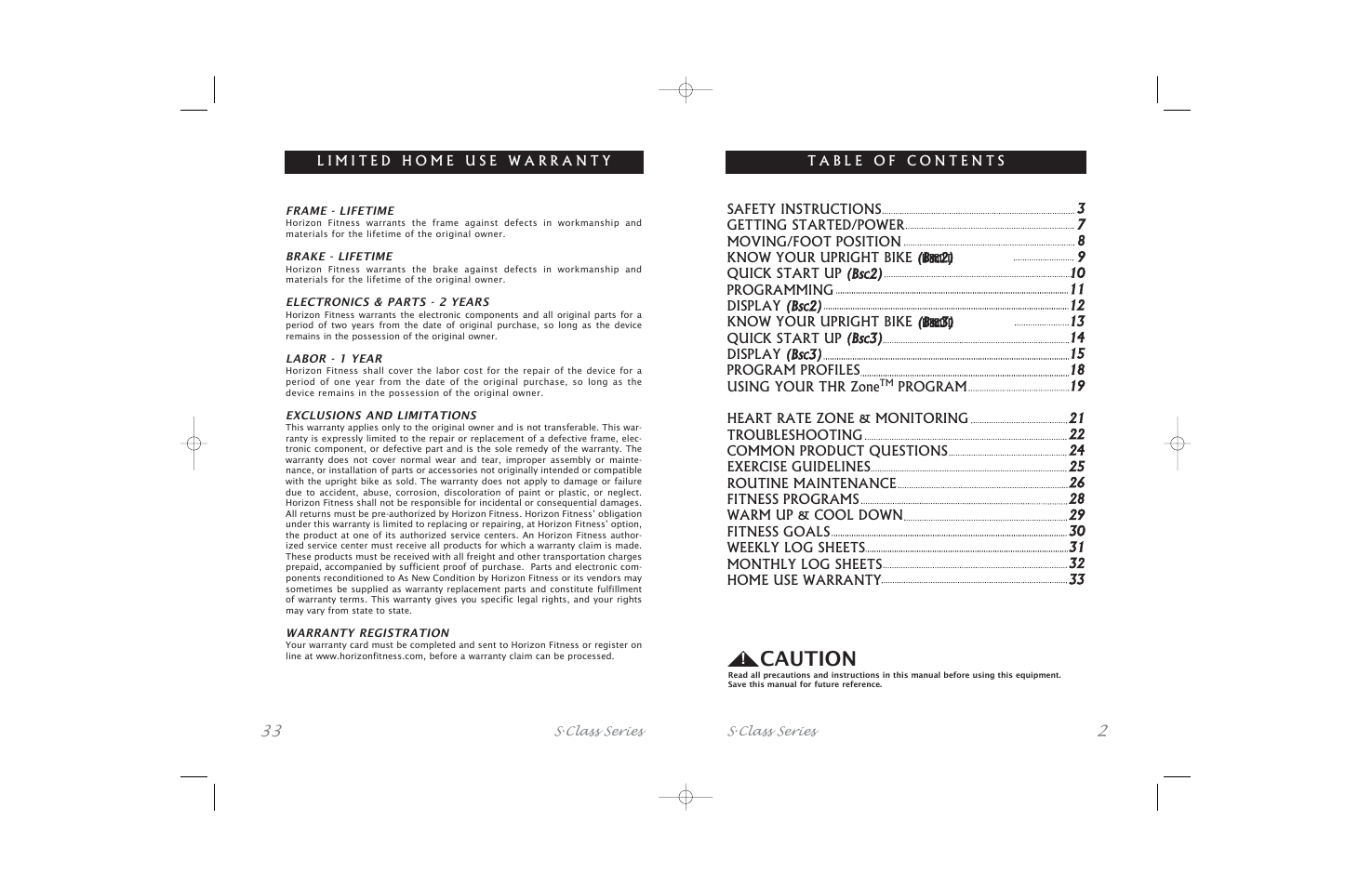 Caution | Horizon Fitness Bicycle User Manual | Page 2 / 34