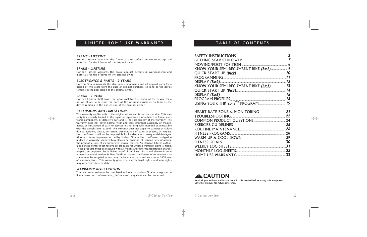 Caution | Horizon Fitness Bicycle User Manual | Page 33 / 34