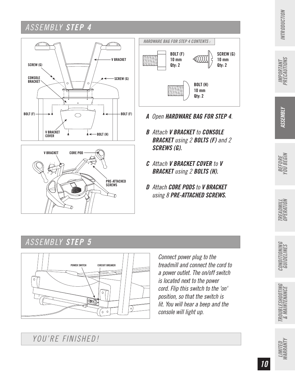 Assembly step 4 you’re finished, Assembly step 5 | Horizon Fitness CT61 User Manual | Page 11 / 32