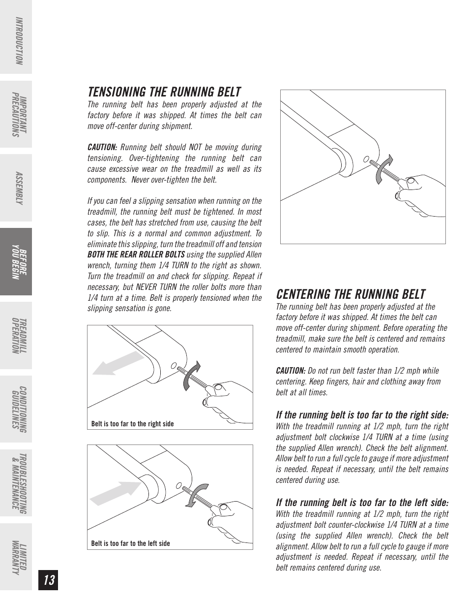 13 centering the running belt, Tensioning the running belt | Horizon Fitness CT61 User Manual | Page 14 / 32