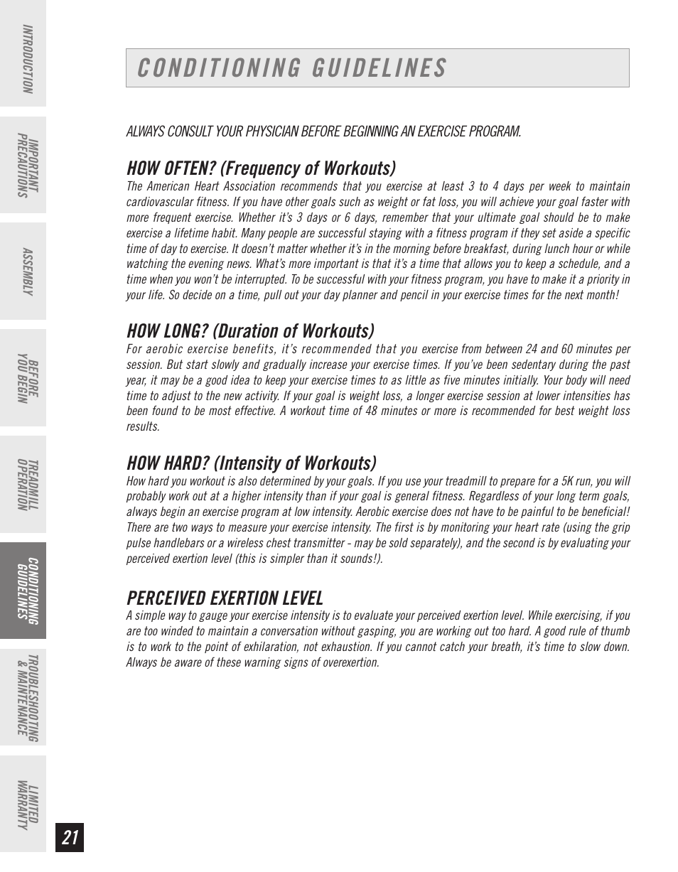 Conditioning guidelines, How often? (frequency of workouts), How long? (duration of workouts) | How hard? (intensity of workouts), Perceived exertion level | Horizon Fitness CT61 User Manual | Page 22 / 32