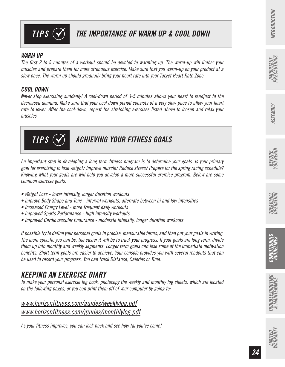 Tips, Keeping an exercise diary | Horizon Fitness CT61 User Manual | Page 25 / 32