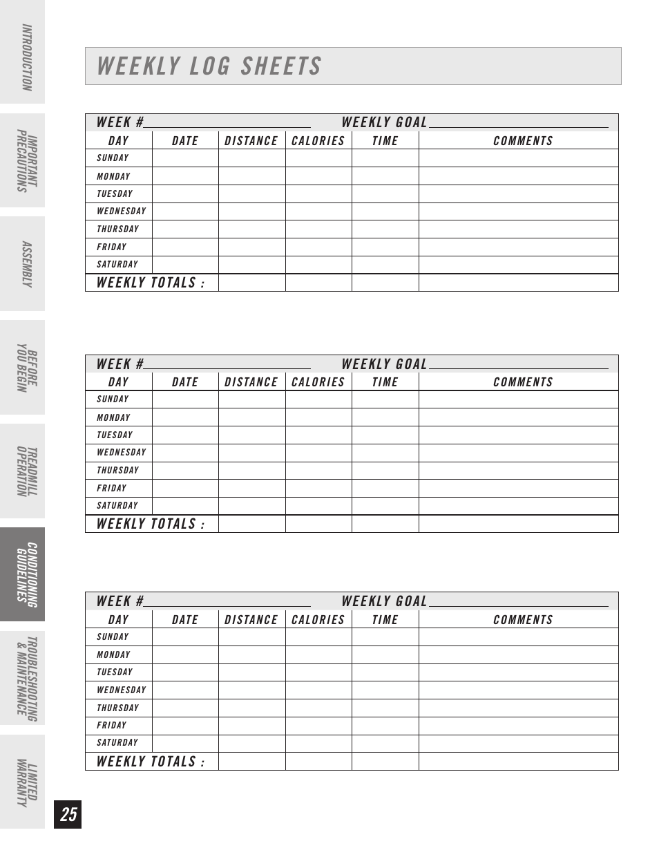 Weekly log sheets | Horizon Fitness CT61 User Manual | Page 26 / 32