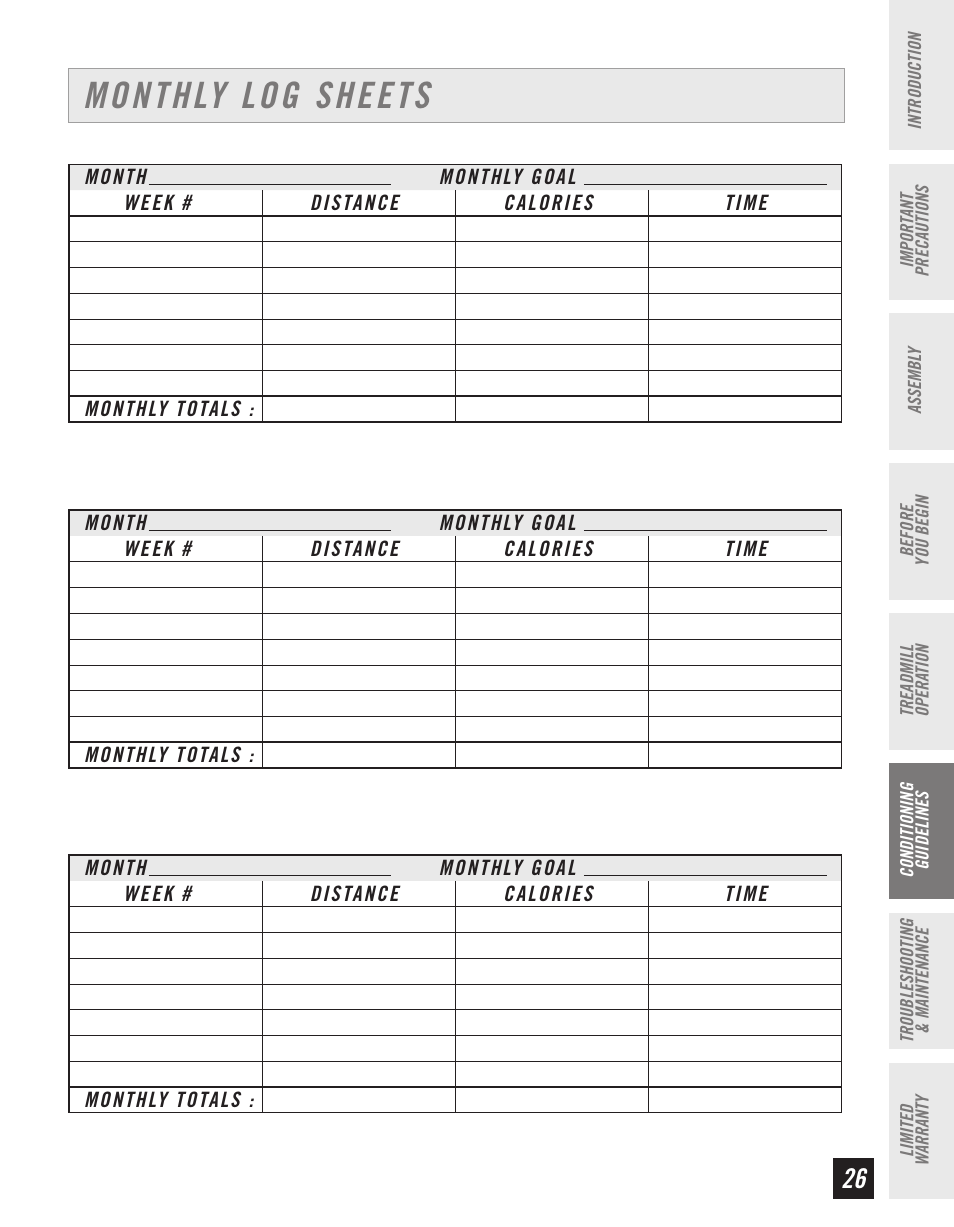 Monthly log sheets | Horizon Fitness CT61 User Manual | Page 27 / 32