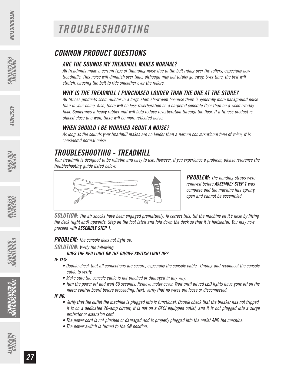 Troubleshooting, 27 common product questions, Troubleshooting - treadmill | Horizon Fitness CT61 User Manual | Page 28 / 32