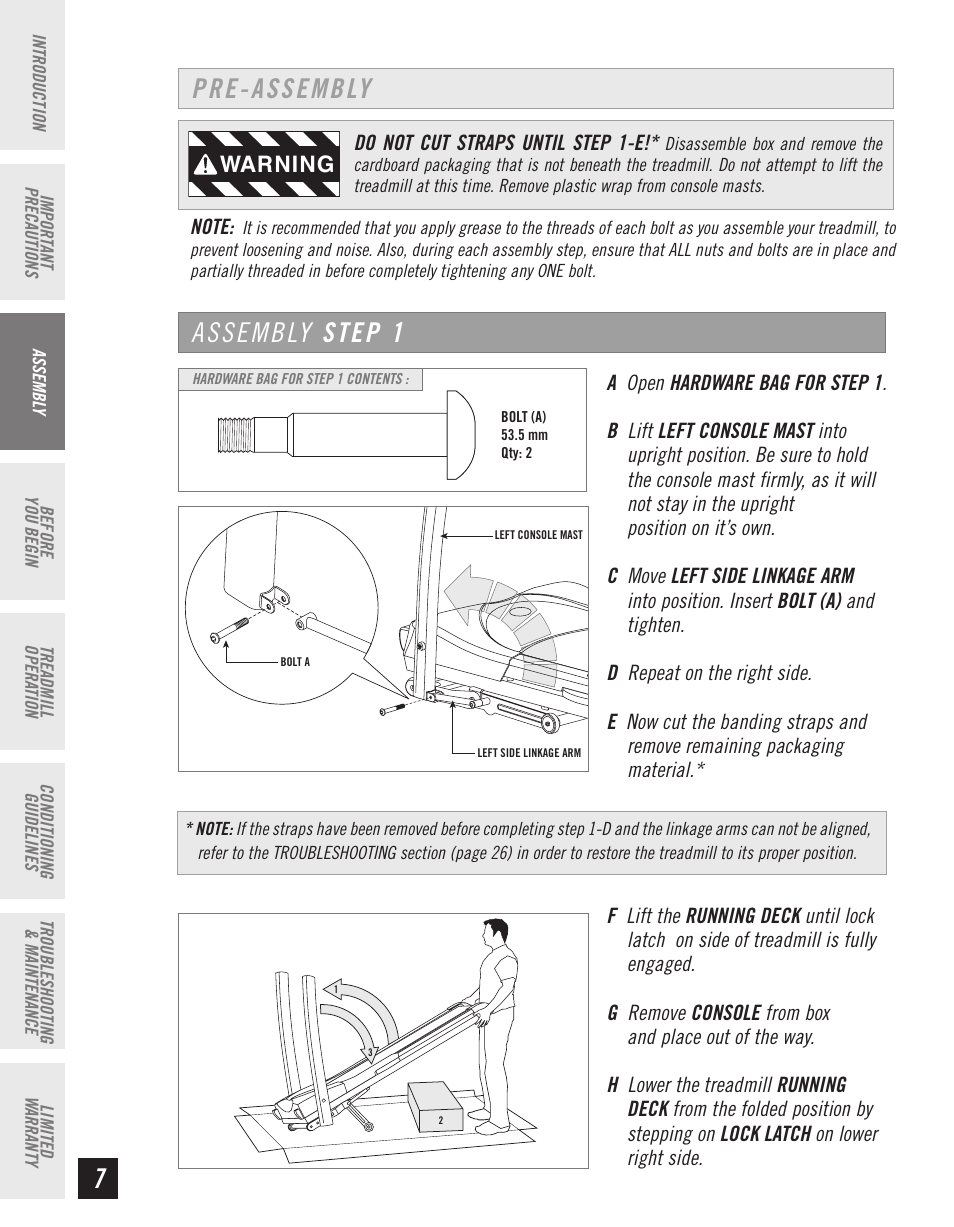 Pre-assembly, Assembly step 1 | Horizon Fitness CT61 User Manual | Page 8 / 32