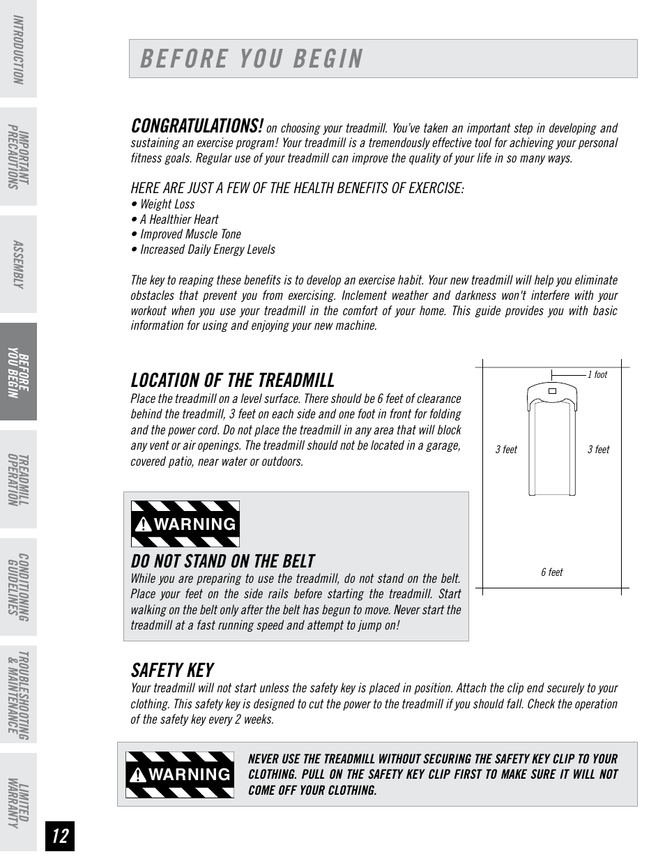 Before you begin, Location of the treadmill, Safety key | Do not stand on the belt, Warning | Horizon Fitness HZ SERIES WT951 User Manual | Page 12 / 36