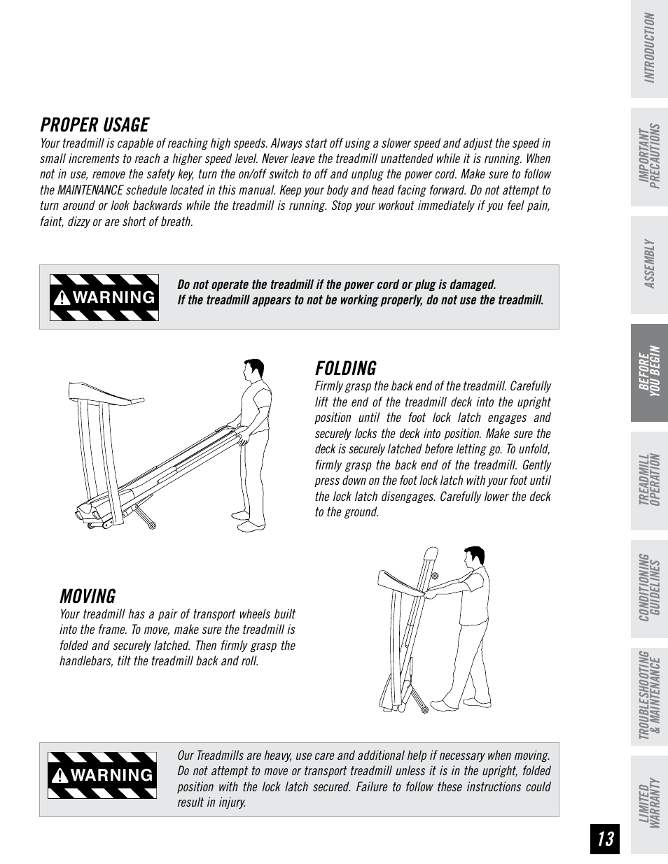 Proper usage, Folding, Moving | Warning | Horizon Fitness HZ SERIES WT951 User Manual | Page 13 / 36