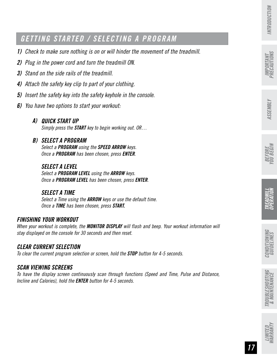 Getting started / selecting a program | Horizon Fitness HZ SERIES WT951 User Manual | Page 17 / 36