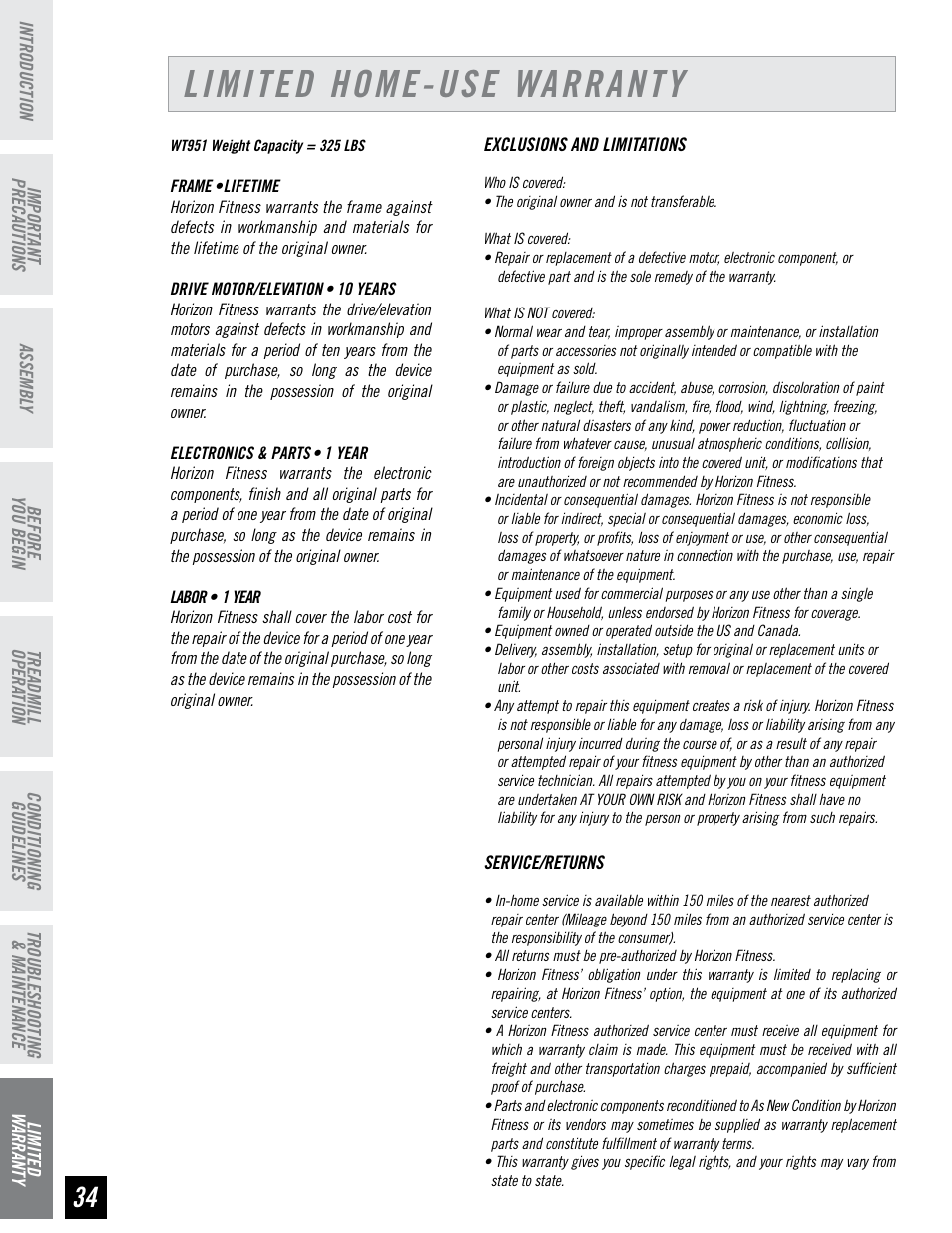 Limited home-use warranty | Horizon Fitness HZ SERIES WT951 User Manual | Page 34 / 36
