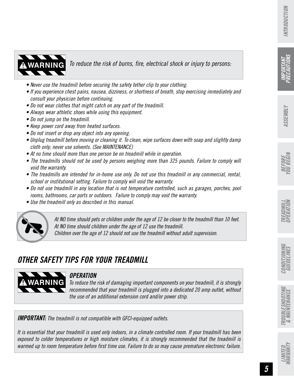 Other safety tips for your treadmill, Warning | Horizon Fitness HZ SERIES WT951 User Manual | Page 5 / 36