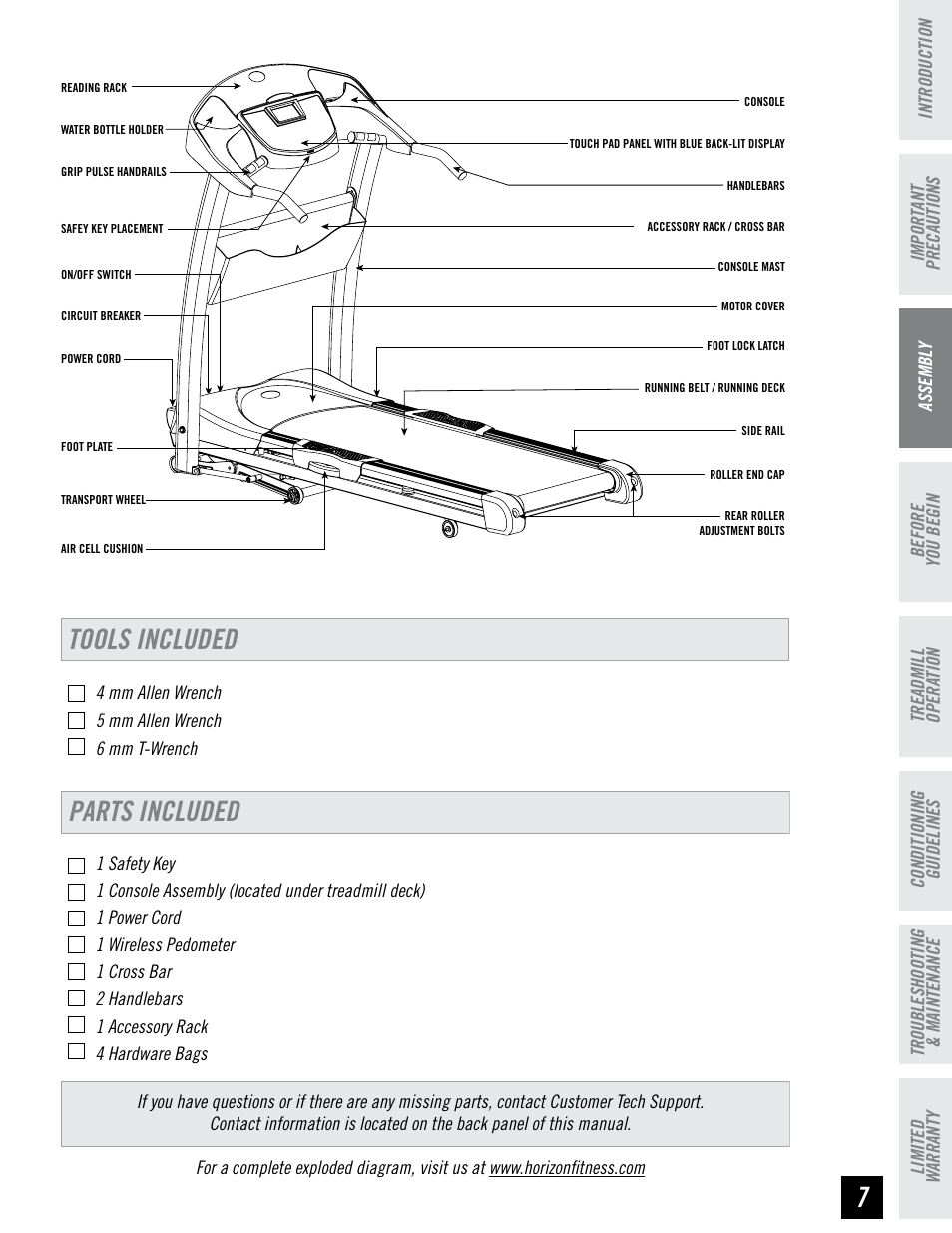 Tools included, Parts included | Horizon Fitness HZ SERIES WT951 User Manual | Page 7 / 36