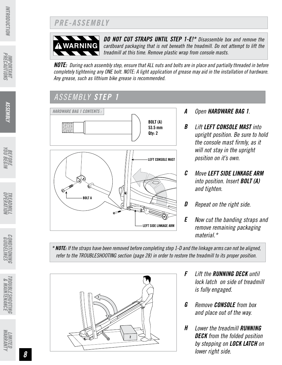 Pre-assembly, Assembly step 1, Warning | Horizon Fitness HZ SERIES WT951 User Manual | Page 8 / 36