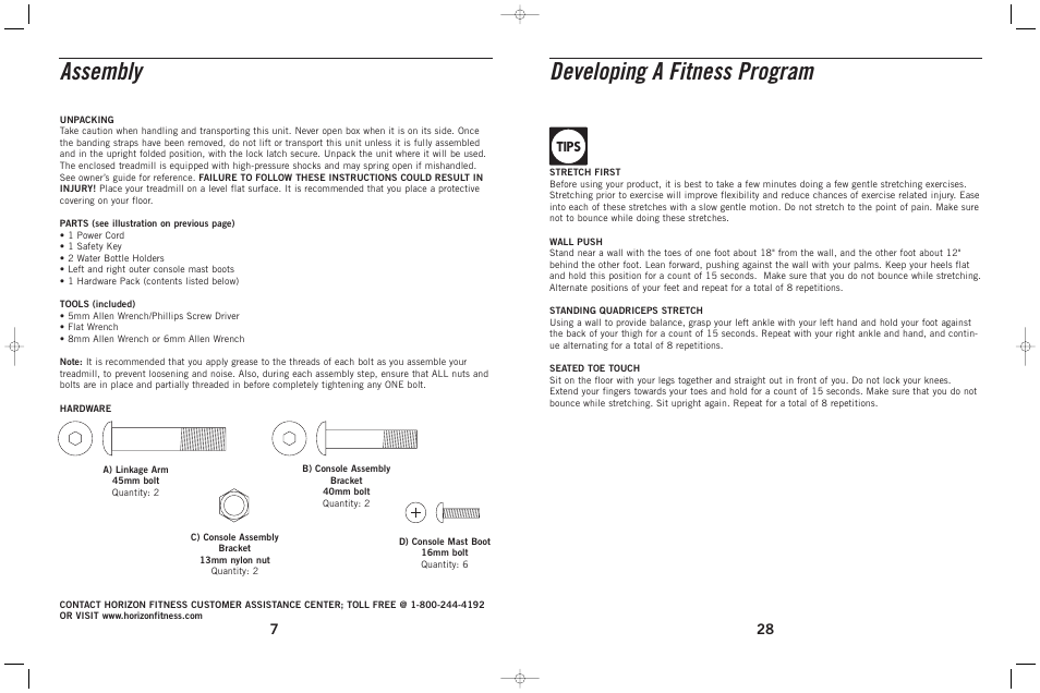 Developing a fitness program assembly, Tips | Horizon Fitness HZ SERIES T25 User Manual | Page 8 / 18