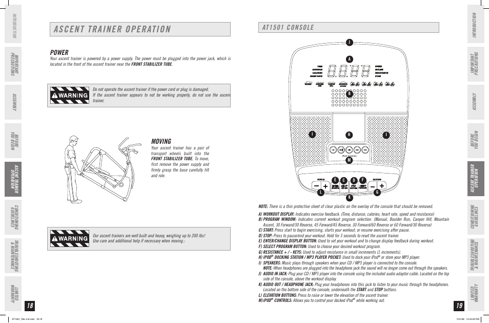 Ascent trainer operation, Power, At1501 console | Moving | Horizon Fitness ASCENT TRAINER AT1501 User Manual | Page 10 / 19