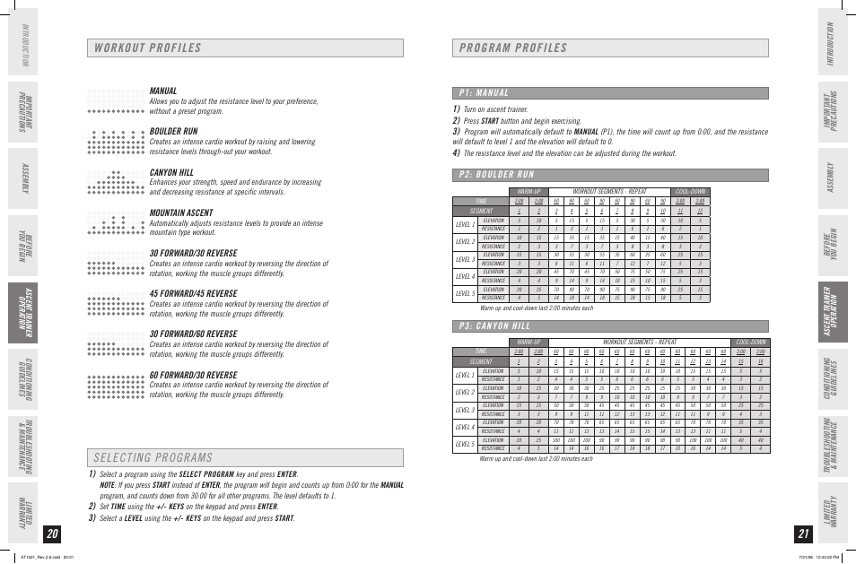 Selecting programs, Workout profiles program profiles, Manual | Boulder run, Canyon hill, Mountain ascent, 0 forward/0 reverse, 5 forward/5 reverse, P1: manual p2: boulder run p: canyon hill, Before you begin | Horizon Fitness ASCENT TRAINER AT1501 User Manual | Page 11 / 19