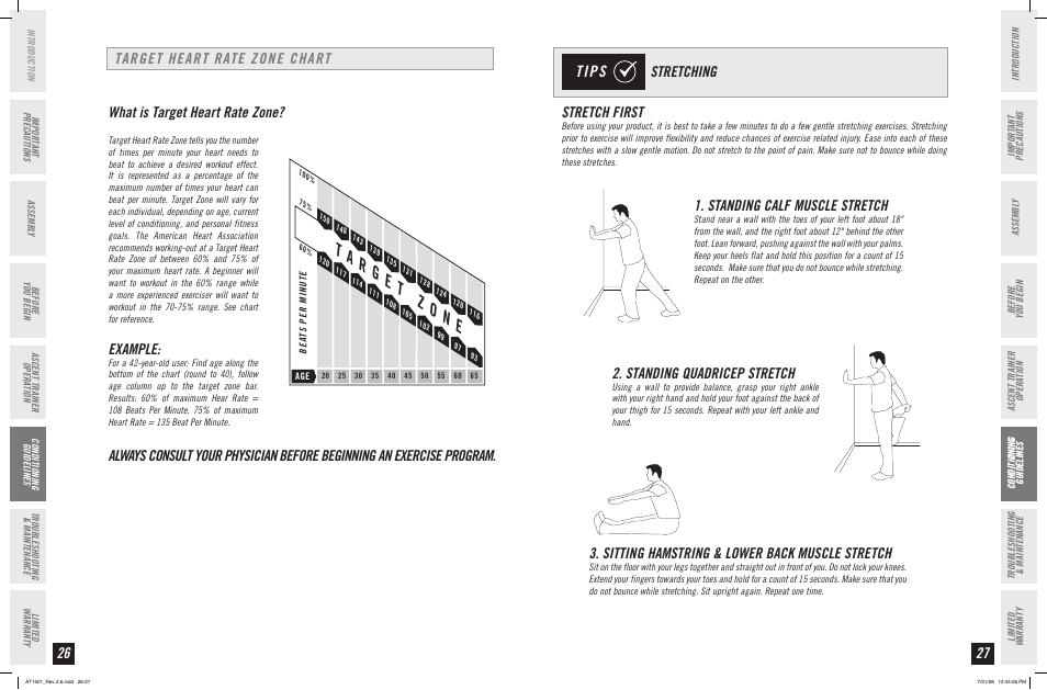 Tips, What is target heart rate zone, Example | Stretching, Stretch first, Standing calf muscle stretch, Standing quadricep stretch | Horizon Fitness ASCENT TRAINER AT1501 User Manual | Page 14 / 19