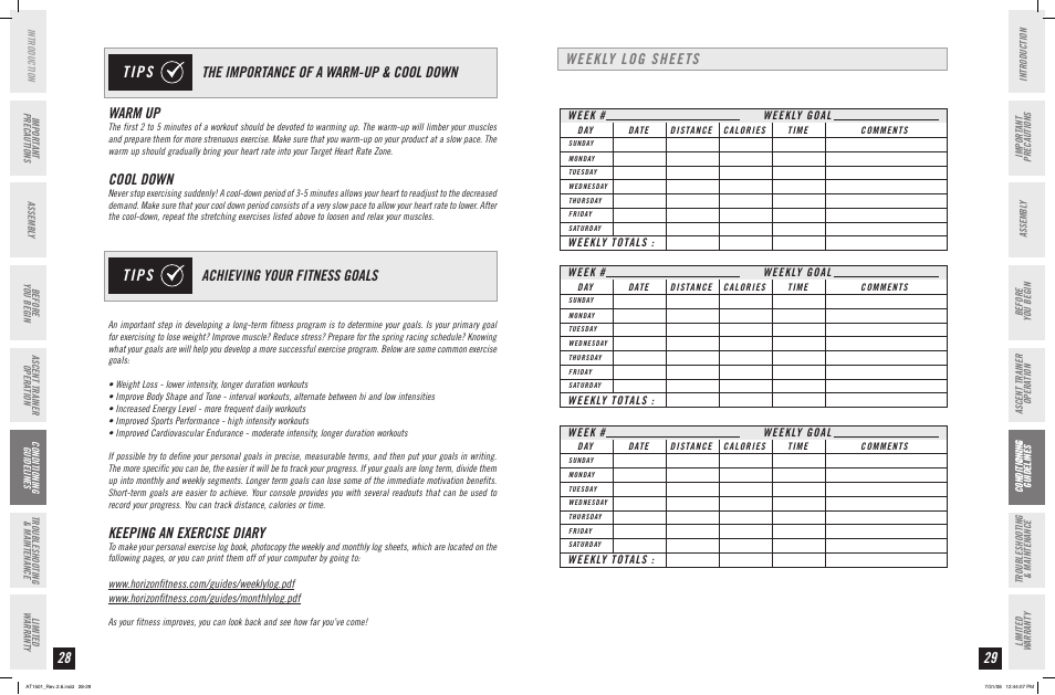 Tips, Warm up, Cool down | The importance of a warm-up & cool down, Keeping an exercise diary, Achieving your fitness goals, Weekly log sheets | Horizon Fitness ASCENT TRAINER AT1501 User Manual | Page 15 / 19