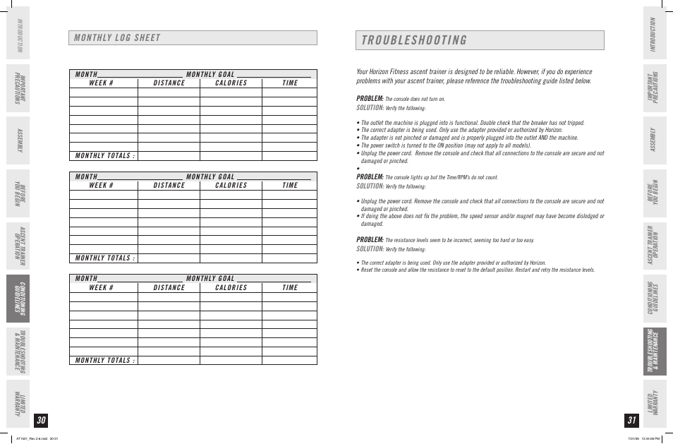 Troubleshooting, Monthly log sheet | Horizon Fitness ASCENT TRAINER AT1501 User Manual | Page 16 / 19