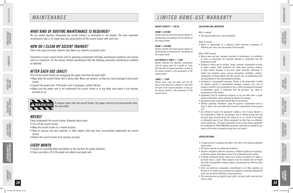 Maintenance, Limited home-use warranty, What kind of routine maintenance is required | How do i clean my ascent trainer, After each use (daily), Weekly, Every month | Horizon Fitness ASCENT TRAINER AT1501 User Manual | Page 18 / 19
