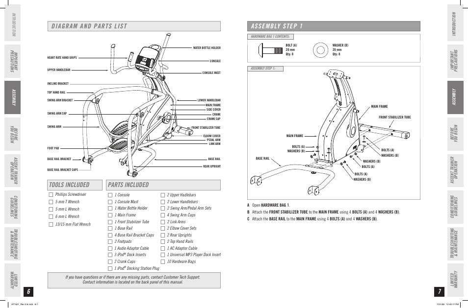 Tools included parts included, Assembly step 1 diagram and parts list | Horizon Fitness ASCENT TRAINER AT1501 User Manual | Page 4 / 19