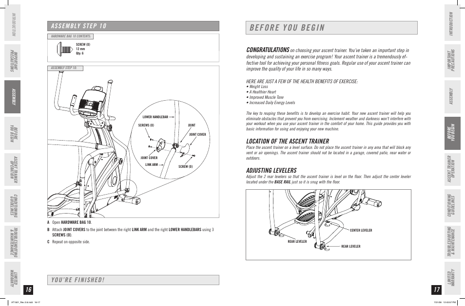 Before you begin, Location of the ascent trainer, Adjusting levelers | Assembly step 10, You’re finished | Horizon Fitness ASCENT TRAINER AT1501 User Manual | Page 9 / 19