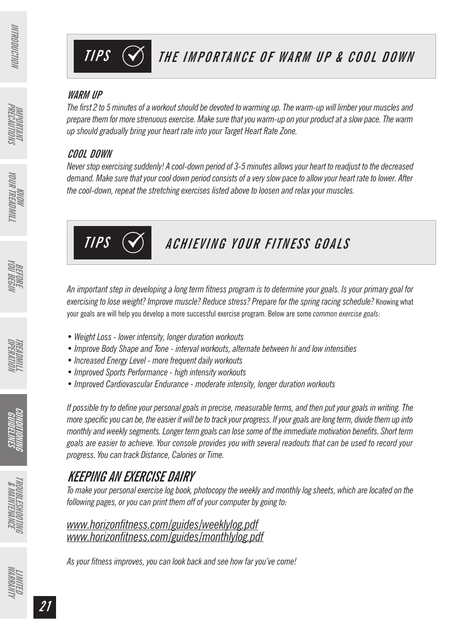 T i p s, Keeping an exercise dairy | Horizon Fitness Ti 10K User Manual | Page 22 / 32