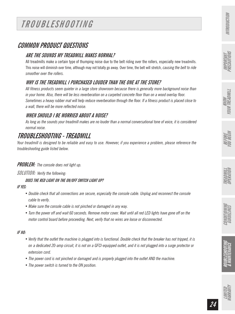 Common product questions, Troubleshooting - treadmill | Horizon Fitness Ti 10K User Manual | Page 25 / 32