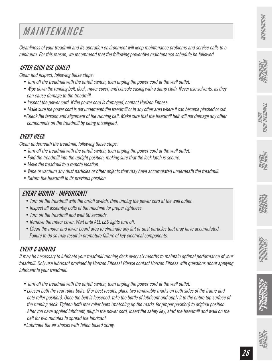 Every month - important | Horizon Fitness Ti 10K User Manual | Page 27 / 32