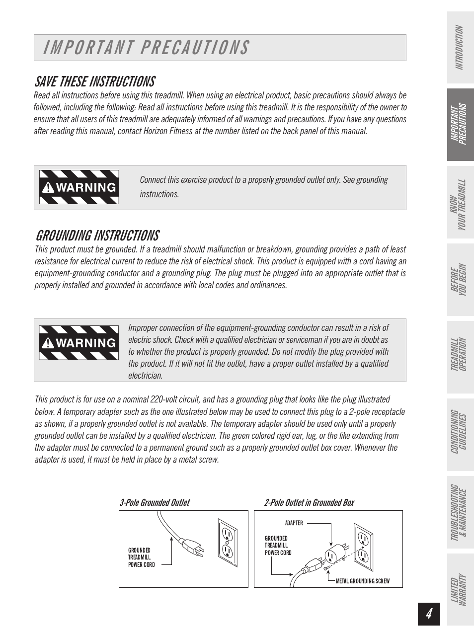 Save these instructions, Grounding instructions | Horizon Fitness Ti 10K User Manual | Page 5 / 32