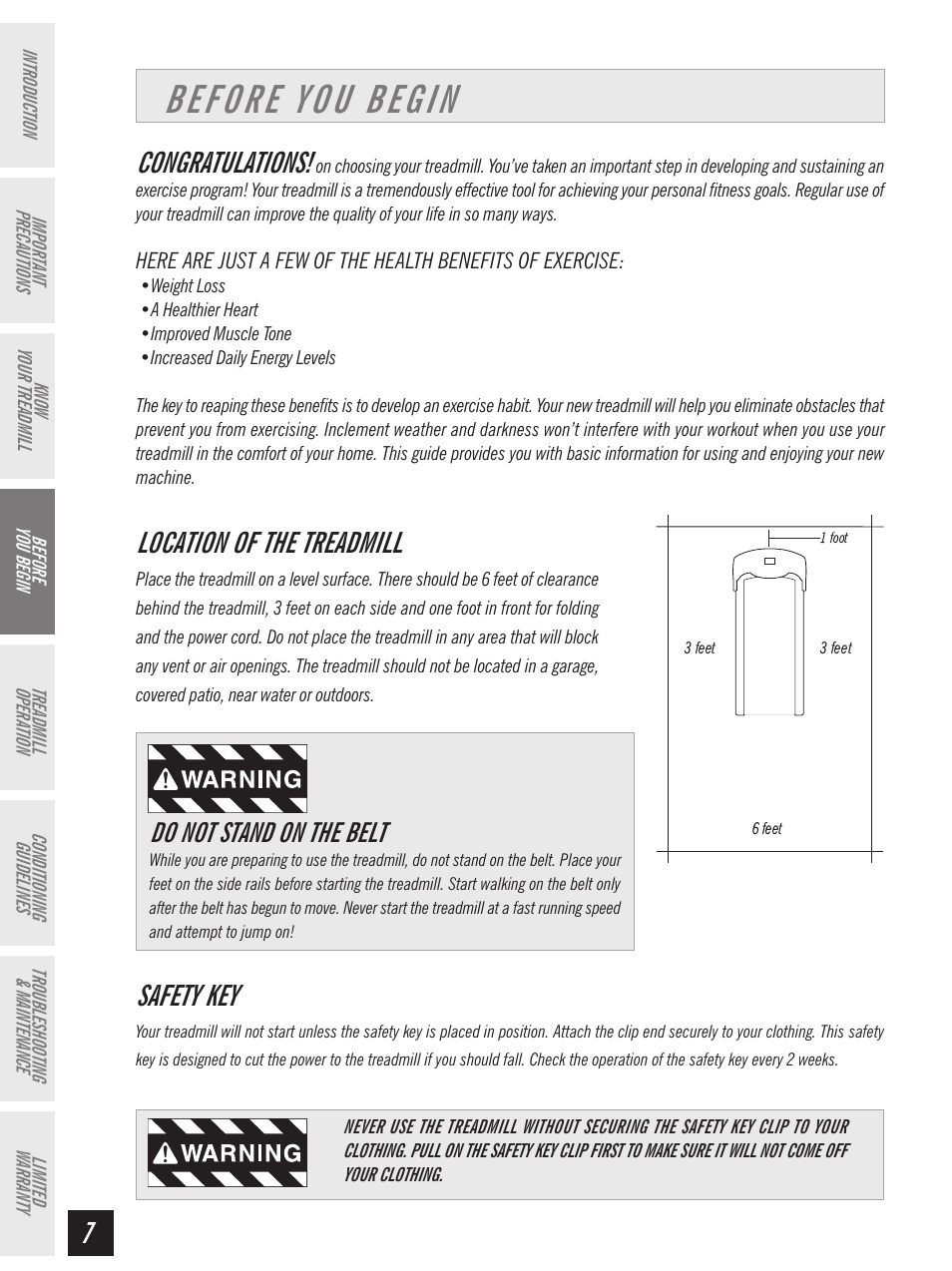 Location of the treadmill, Safety key, Do not stand on the belt | Horizon Fitness Ti 10K User Manual | Page 8 / 32