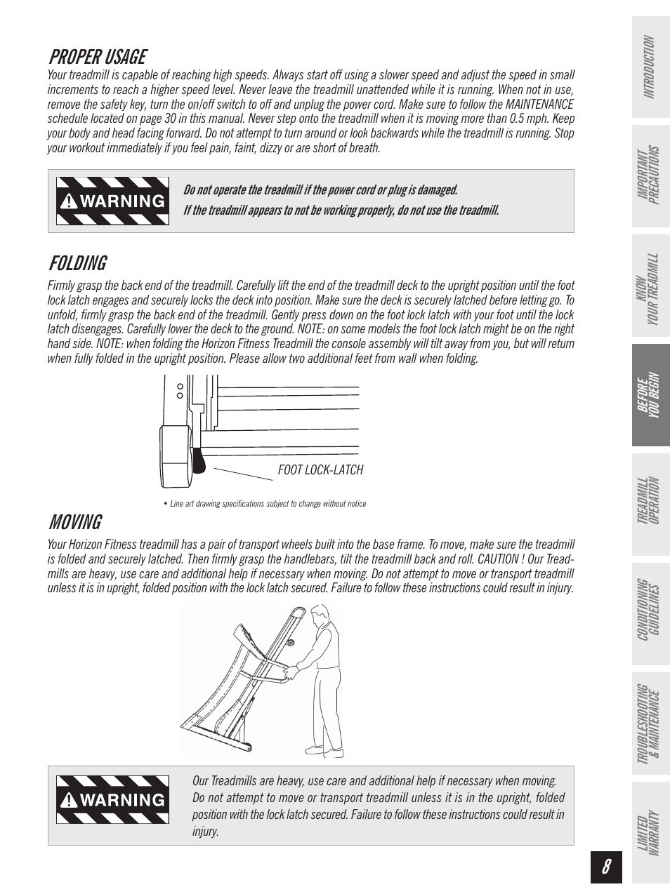 Proper usage, Folding, Moving | Horizon Fitness Ti 10K User Manual | Page 9 / 32