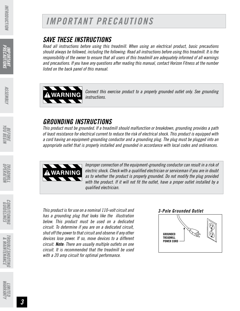 Important precautions, 3save these instructions, Grounding instructions | Warning | Horizon Fitness WT751 User Manual | Page 4 / 34