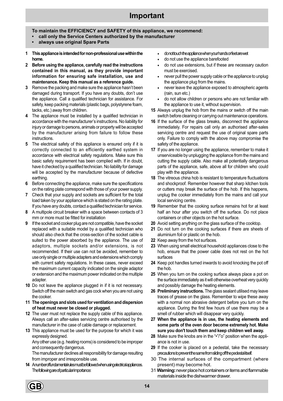 Important | Indesit K3 C51 User Manual | Page 14 / 80