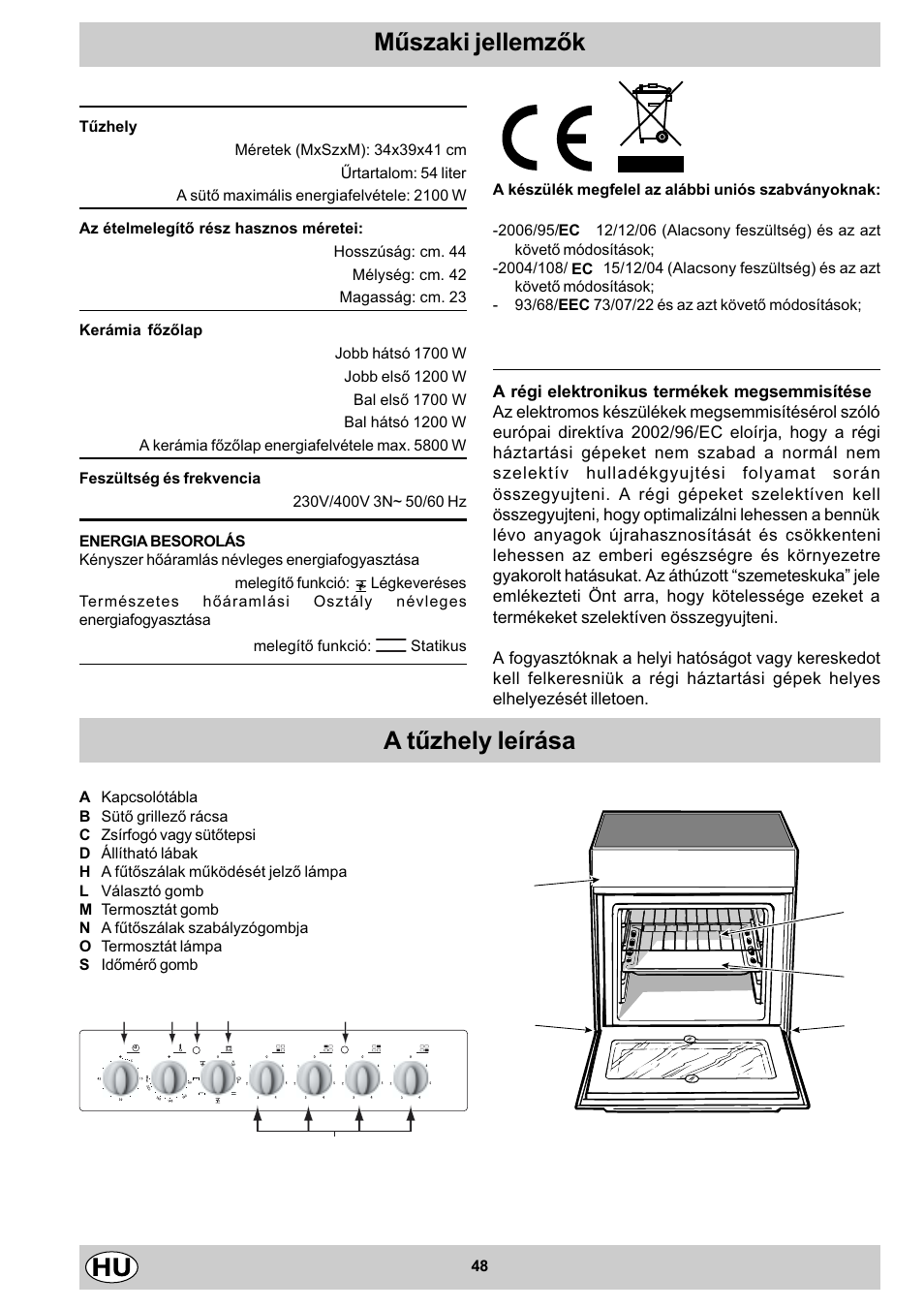 A tûzhely leírása, Mûszaki jellemzõk | Indesit K3 C51 User Manual | Page 48 / 80