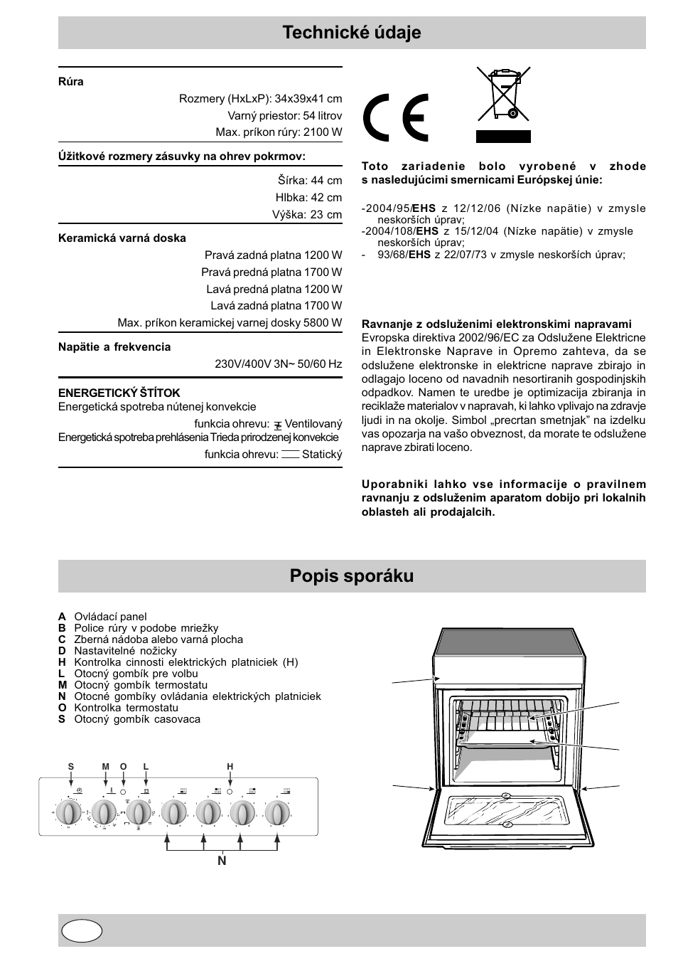 Popis sporáku, Technické údaje | Indesit K3 C51 User Manual | Page 58 / 80