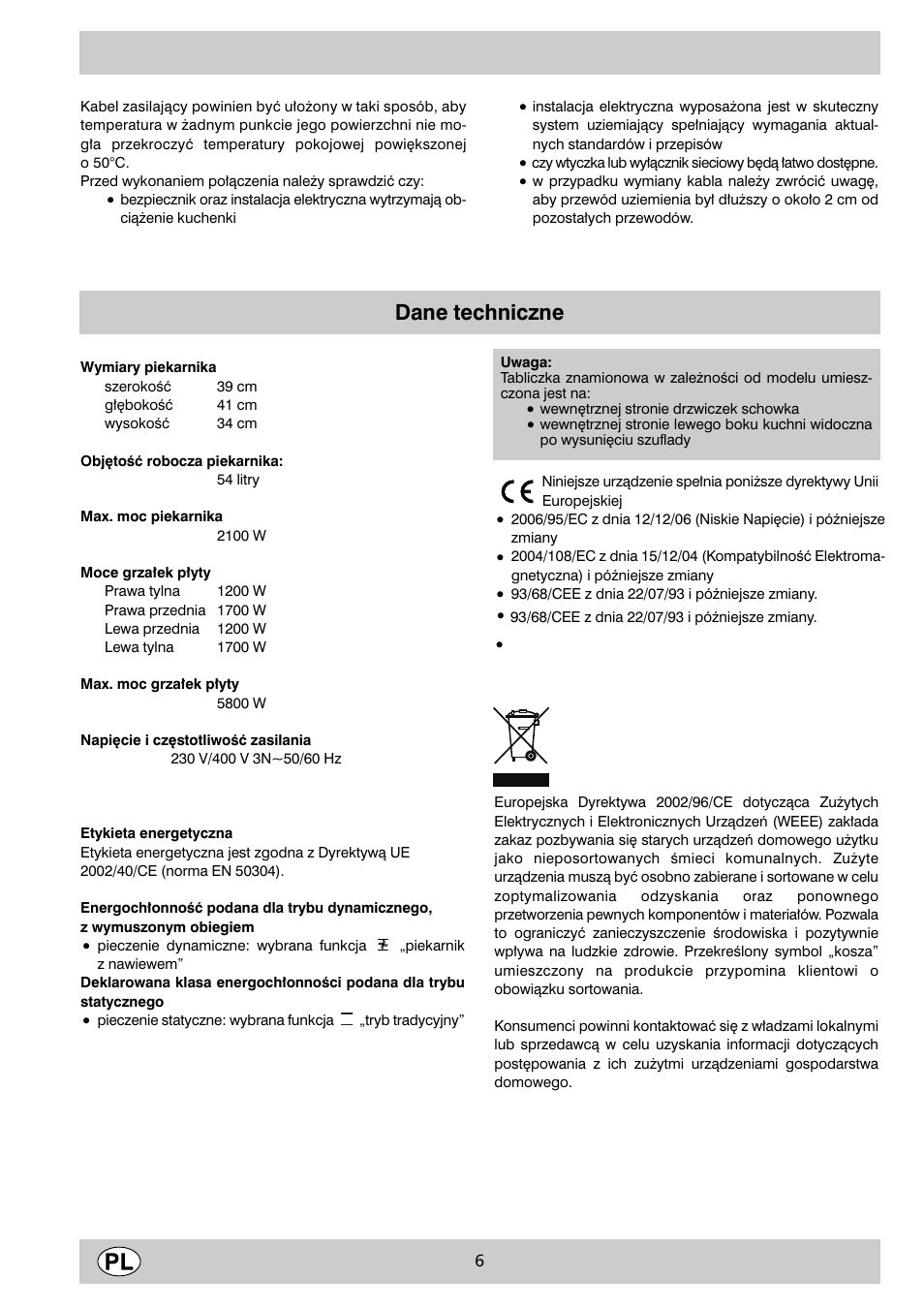 Dane techniczne | Indesit K3 C51 User Manual | Page 6 / 80