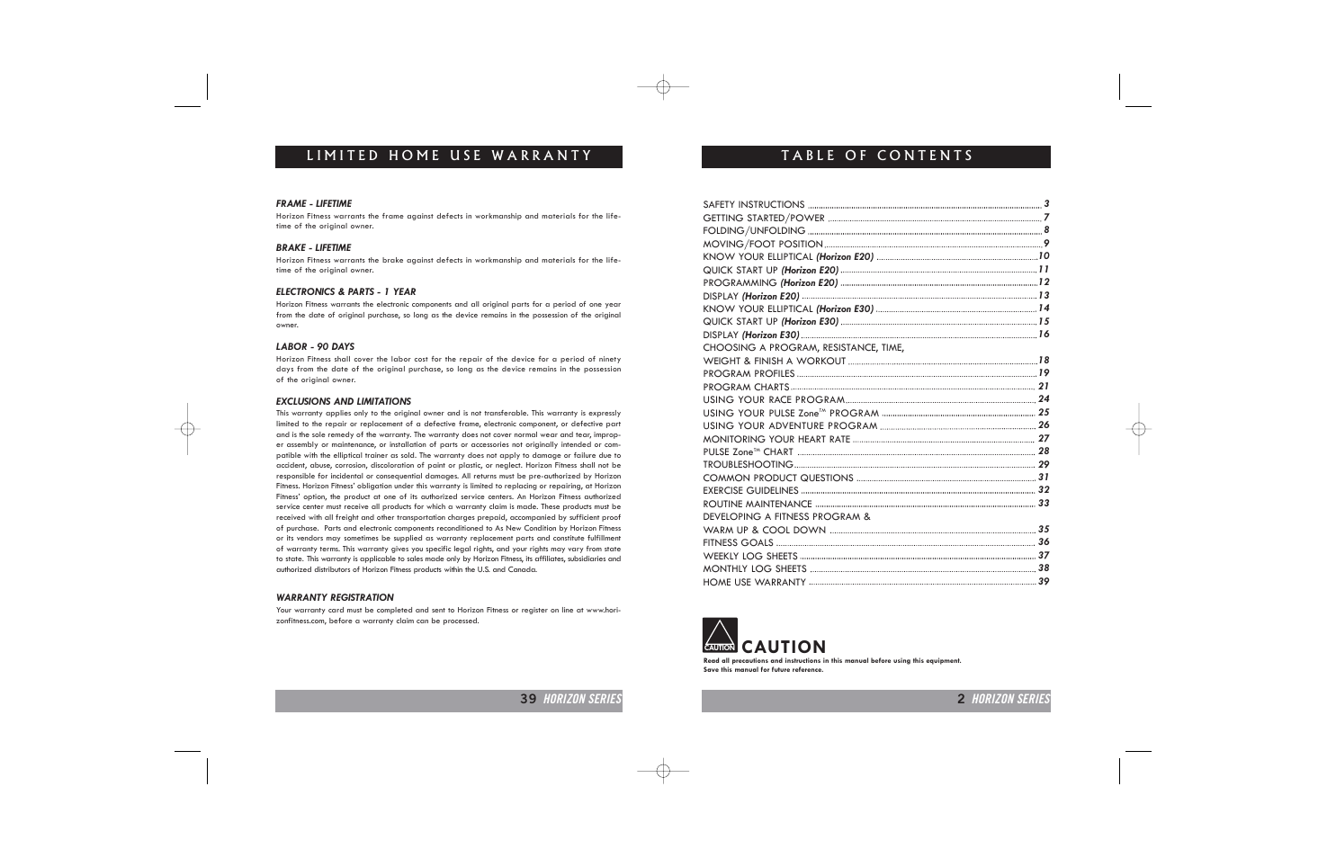 Caution | Horizon Fitness E20 User Manual | Page 2 / 40