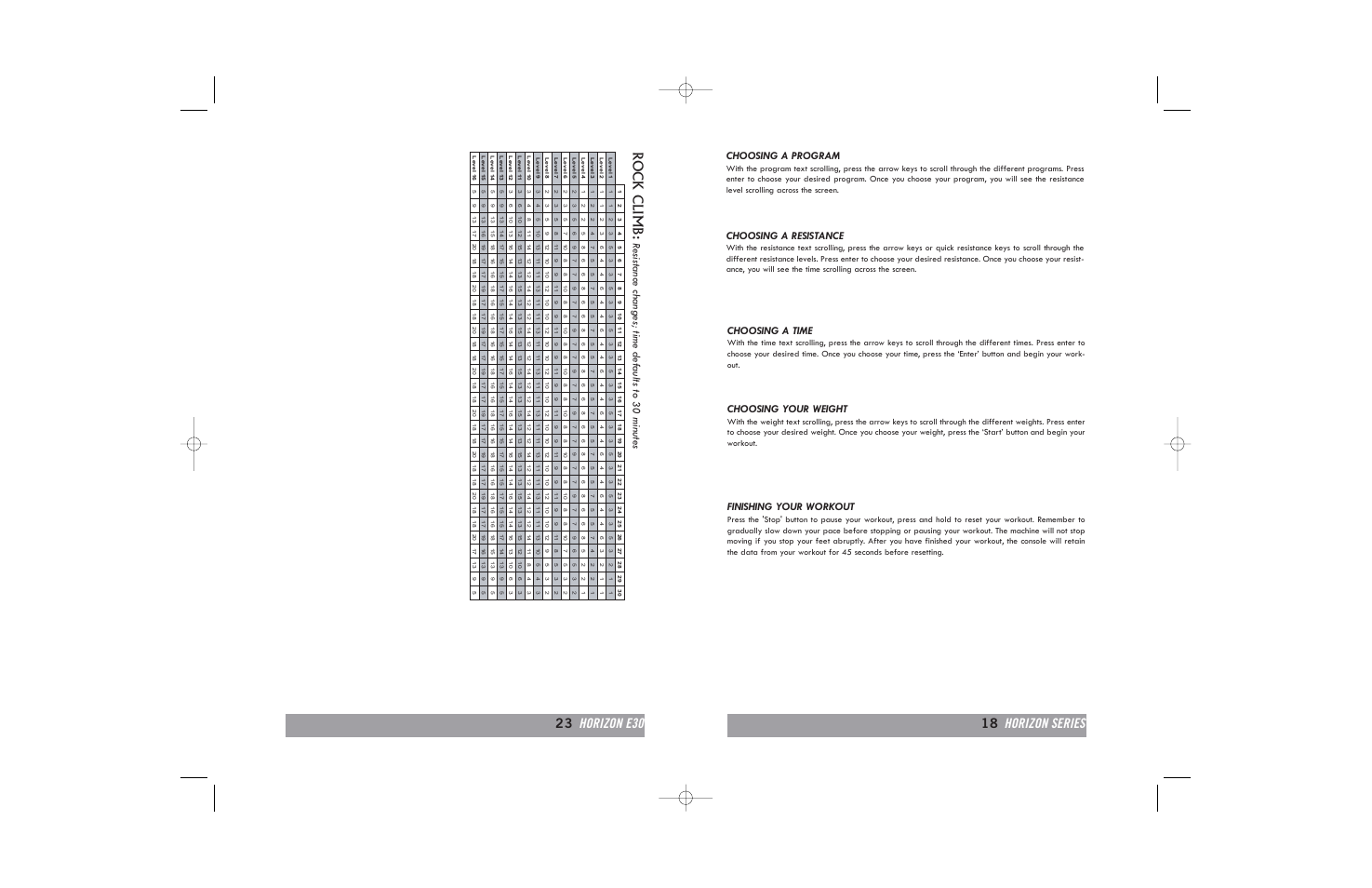 Rock climb, Choosing a program, Choosing a time | Choosing a resistance, Finishing your workout, Resistance c hanges; time def aults to 30 minutes, Choosing your weight | Horizon Fitness E20 User Manual | Page 23 / 40