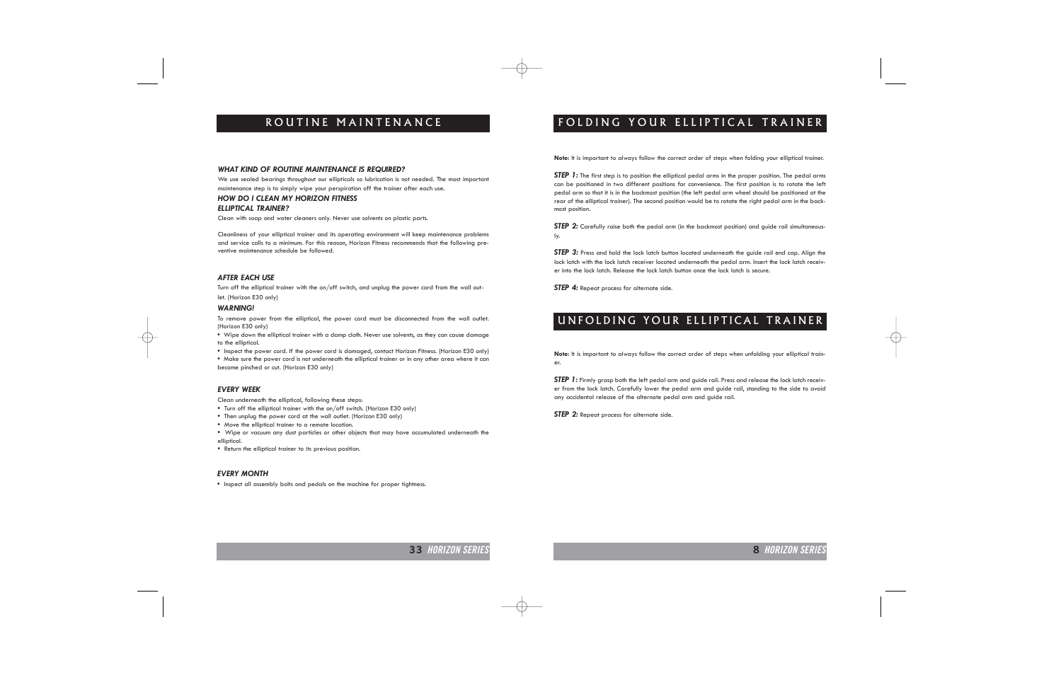 33 horizon series 8 horizon series | Horizon Fitness E20 User Manual | Page 33 / 40