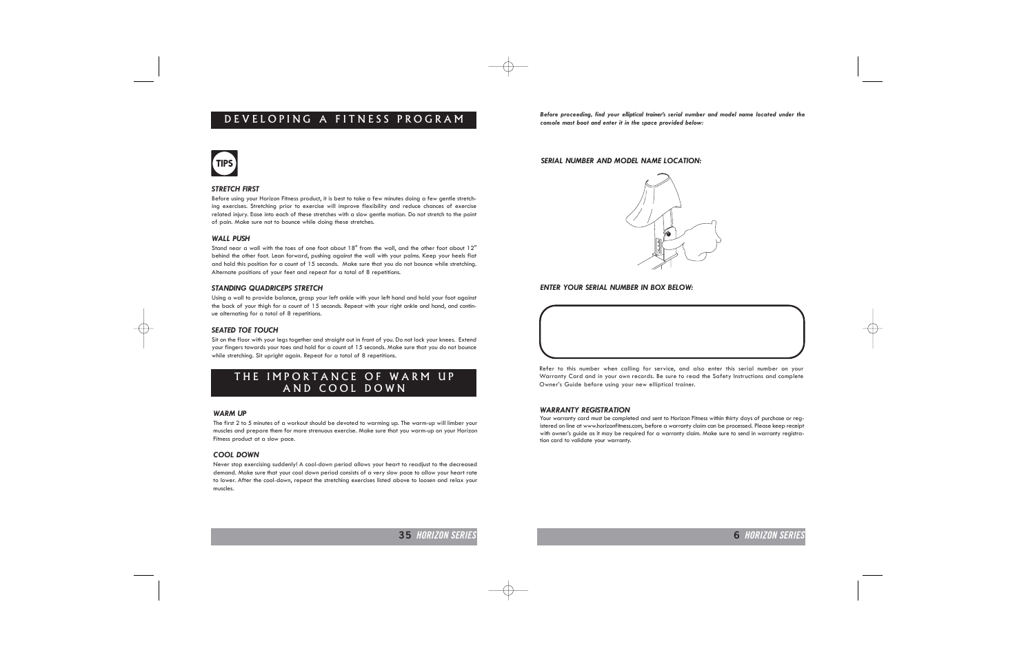 Tips, 35 horizon series 6 horizon series | Horizon Fitness E20 User Manual | Page 35 / 40