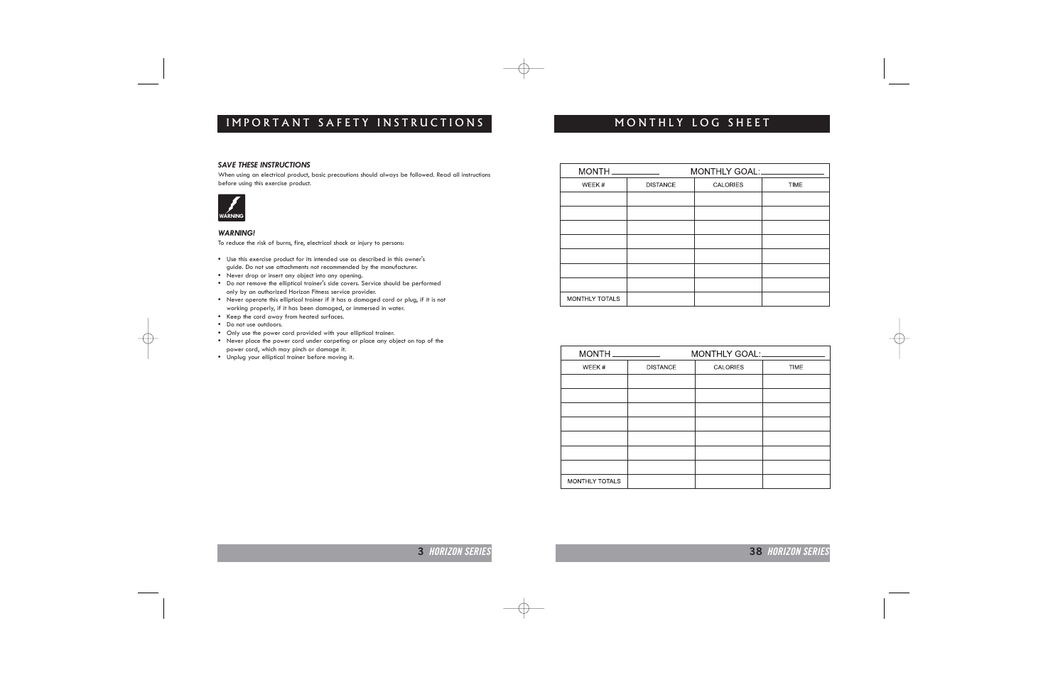 3horizon series 38 horizon series | Horizon Fitness E20 User Manual | Page 38 / 40