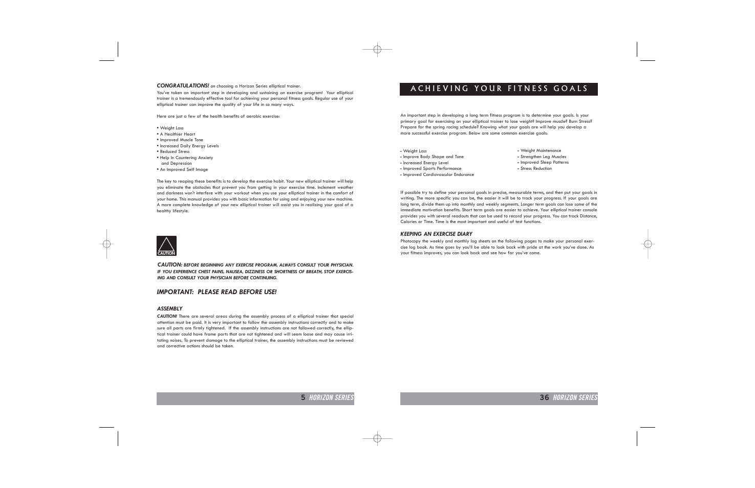 Important: please read before use, 5horizon series 36 horizon series | Horizon Fitness E20 User Manual | Page 5 / 40