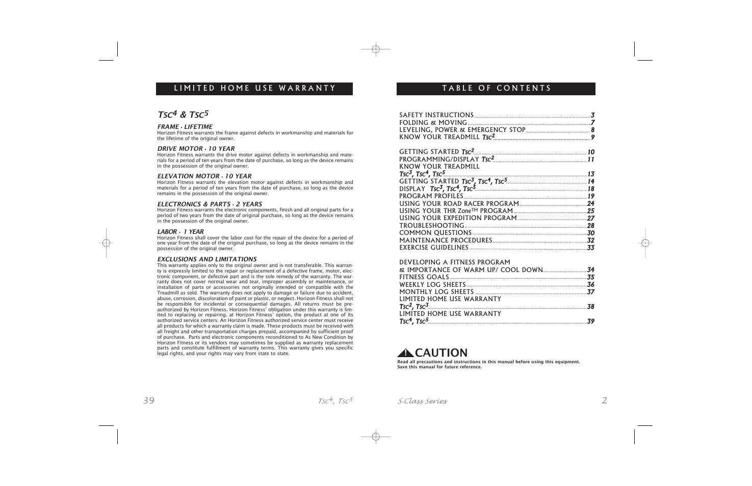 Caution | Horizon Fitness S.Class Series5 User Manual | Page 2 / 40